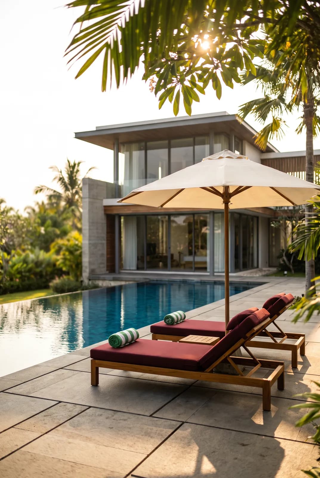 Villa con piscina y camastros al atardecer
